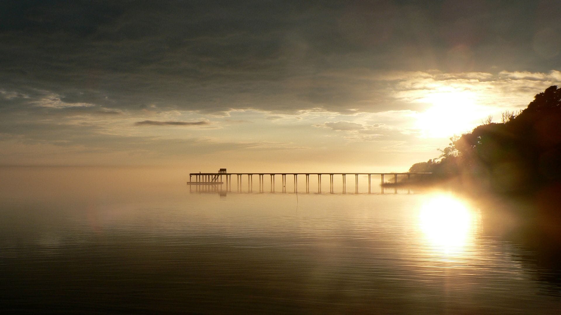 A long pier reaching into Bogue Sound in fog at sunset, the water flat and gold, trees in silhouette on the right